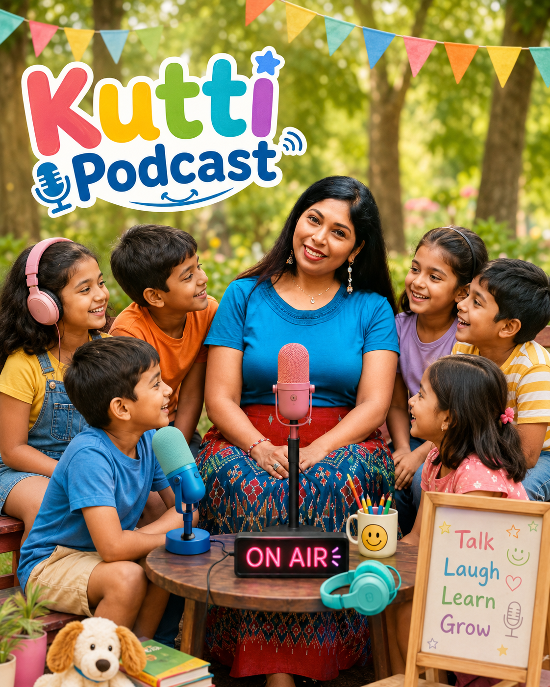 Induz recording a podcast outdoors with a group of happy children surrounded by colorful microphones, headphones, books, and art supplies